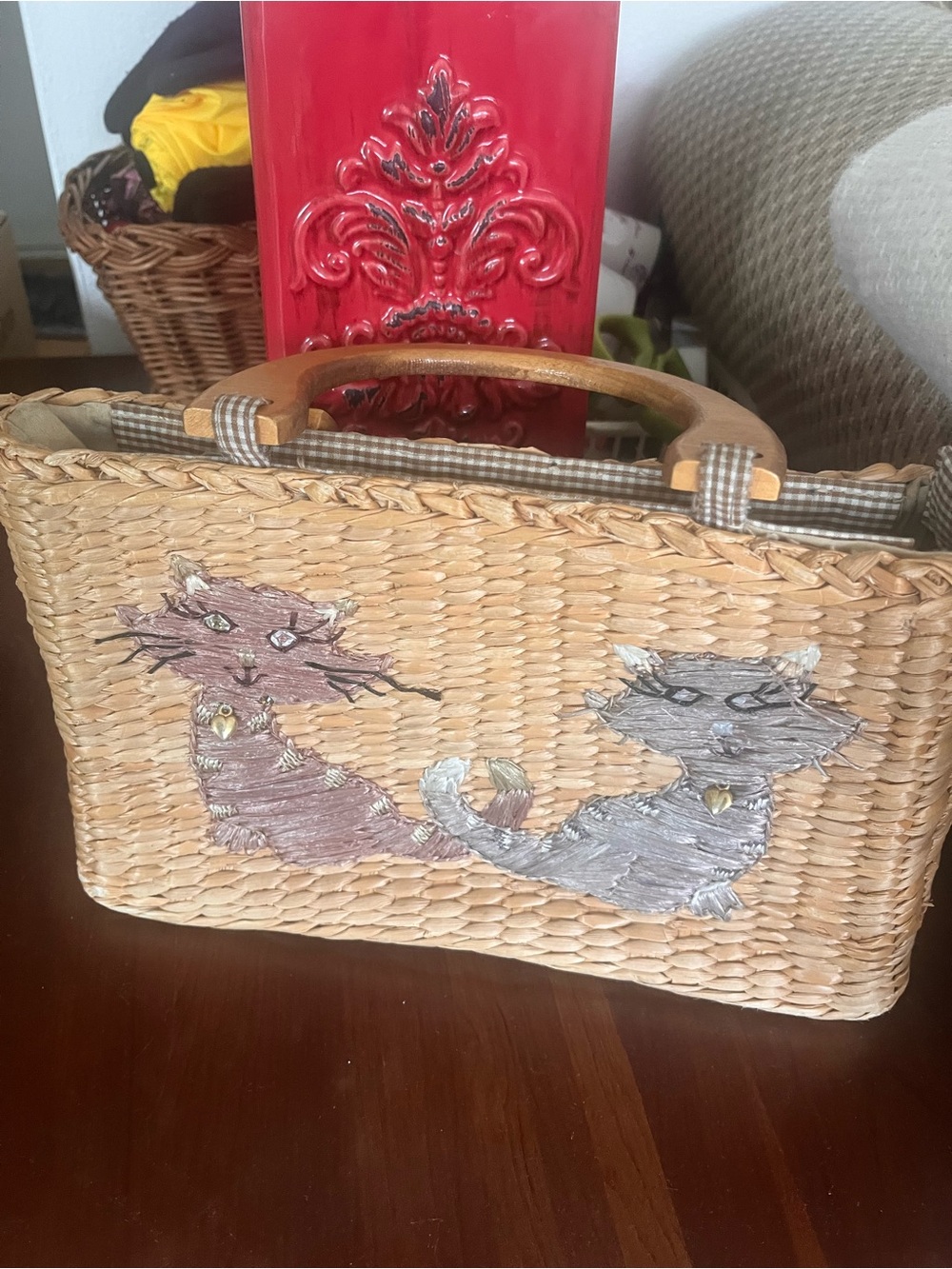 Vintage Straw Kitty-Kat Purse